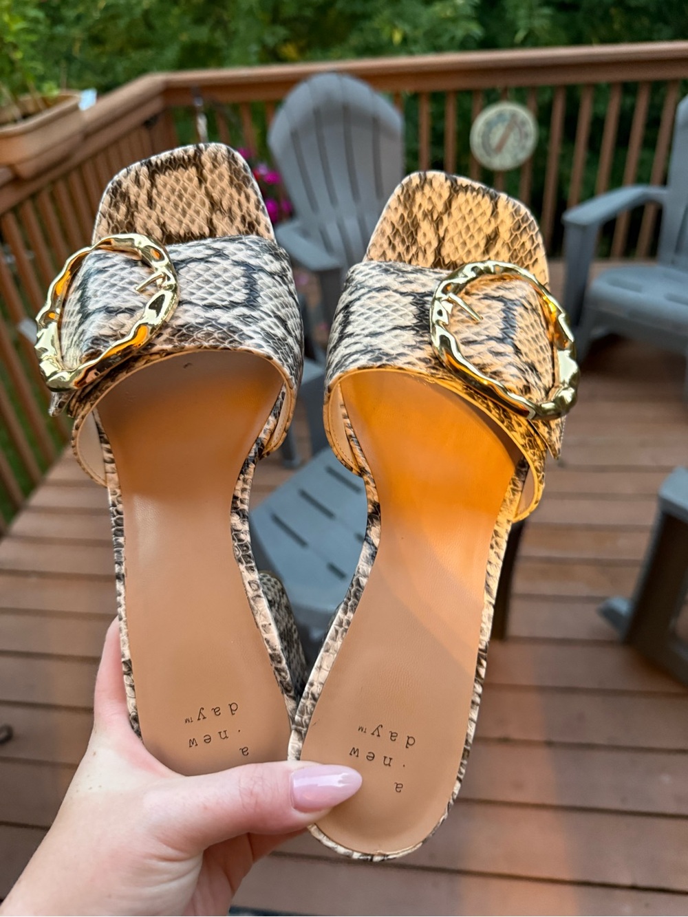a new day Snake-Print Slide Sandals with Gold Buckle - Beige